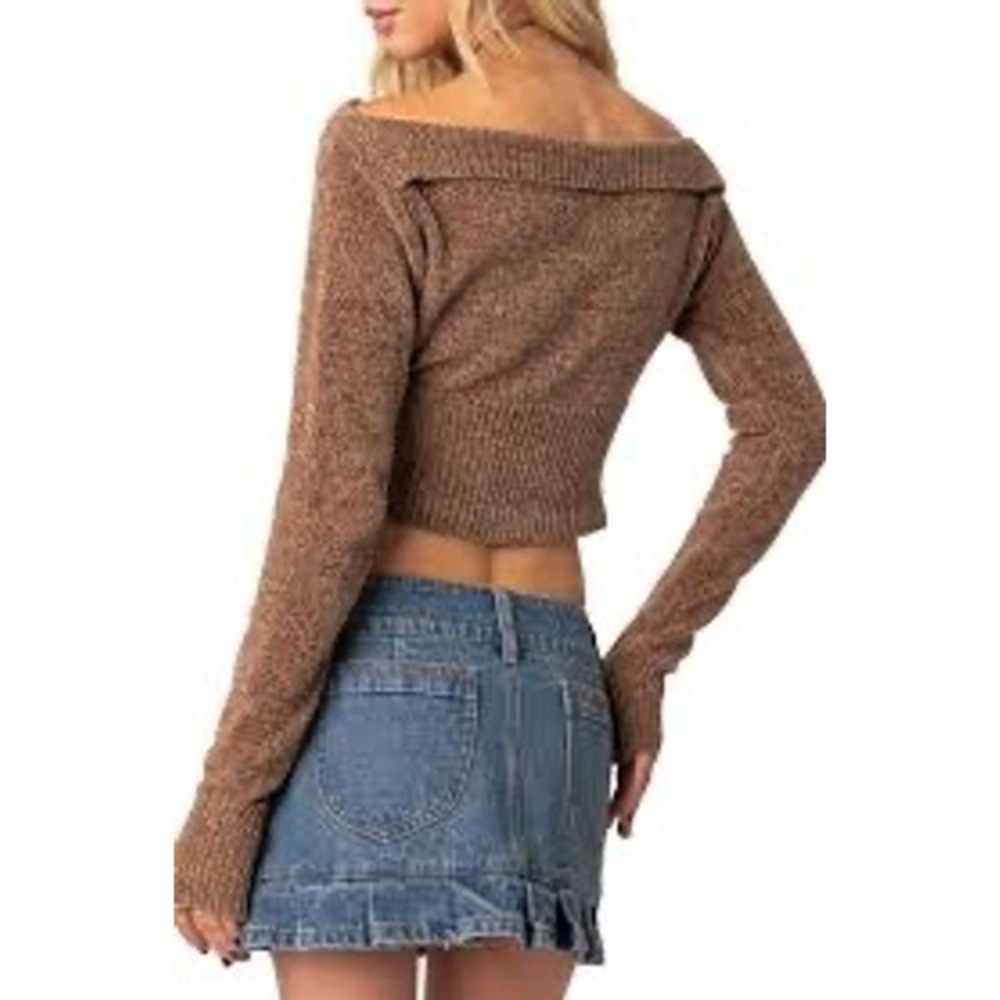 Edikted Farrah Off the Shoulder Crop Sweater Women L Brown Y2K Indie Grunge Top - Picture 2 of 10